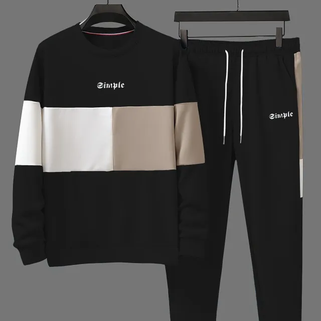 Men's sports kit for winter and autumn, 2-piece, colorful blocks, hoodie with round neckline and long sleeves, jogger sweatpants