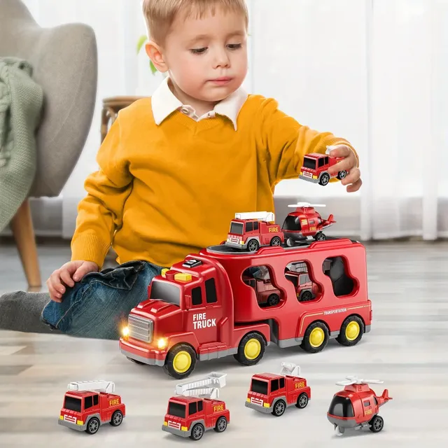 Mașină de pompieri pentru copii, pentru băieți și fete - transportor 5 în 1 pentru camioane, mașini de transport ale pompierilor, pentru copii