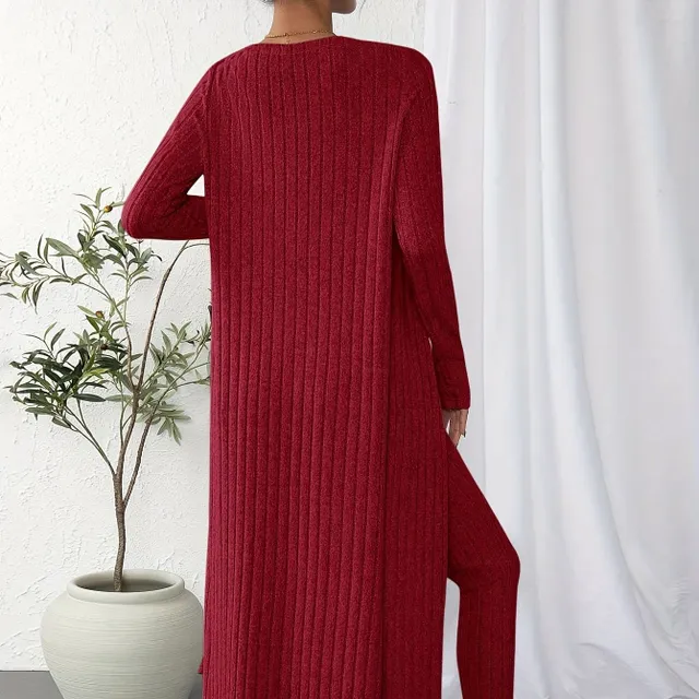 Women's 3-piece ribbed set: shortened top, cardigan with long sleeve and trousers with high waist