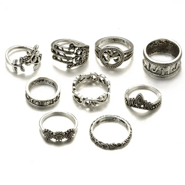 Women's Set of Stylish Rings - 9 pcs (silver)