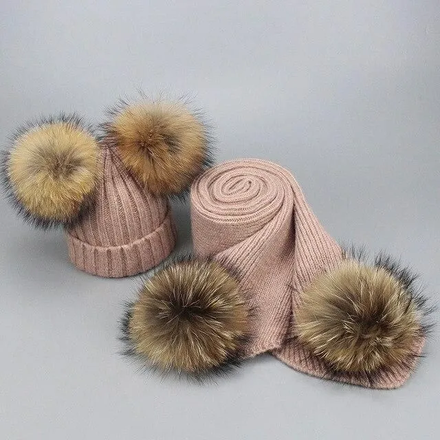 Cap and scarf set with pompoms