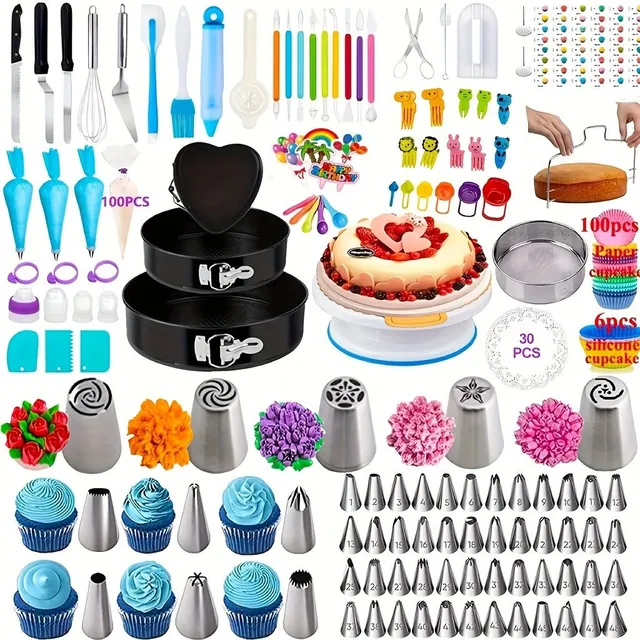 Decoration set: Stainless steel decorated toes, swivel tray, cupcakes cupcakes cupcakes, grocery scissors, baking forms, cake equals