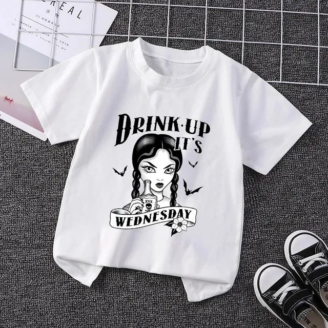 Children's white T-shirt with short sleeves and fashionable print Wednesday Addams