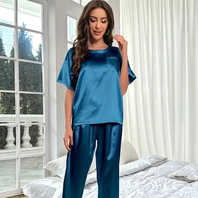 Pyjama en satin pour femme, ensemble à manches courtes et pantalons longs