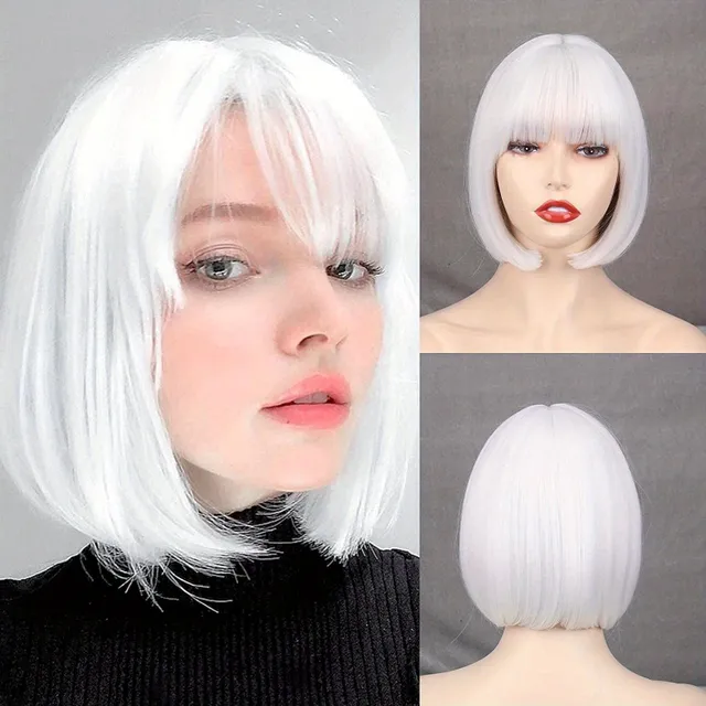 Women's wig: White, short straight bob with bang, natural synthetic fiber, for everyday wear - Hair extension and replacement