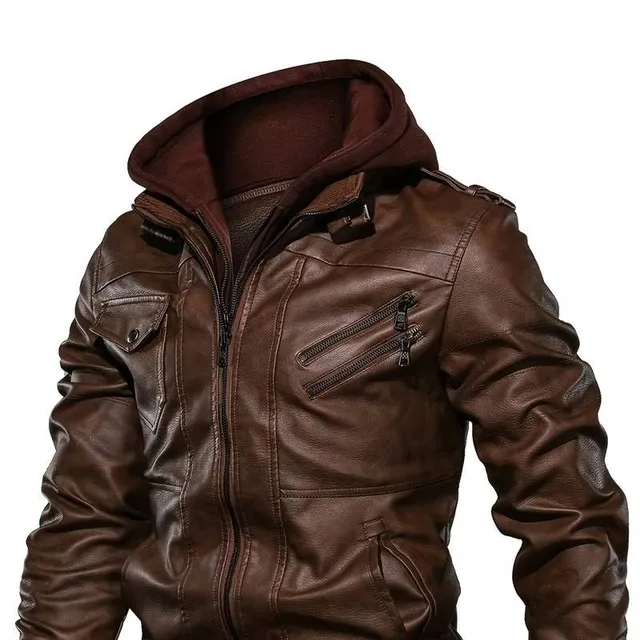 Men's leather jacket with hood, pockets and zipper