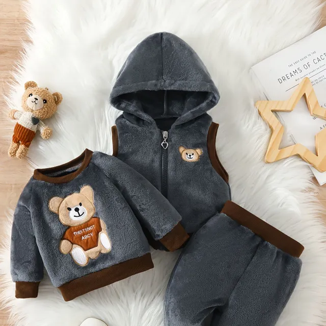 3-piece Fleece set with bear for boys - hoodie, vest and sweatpants