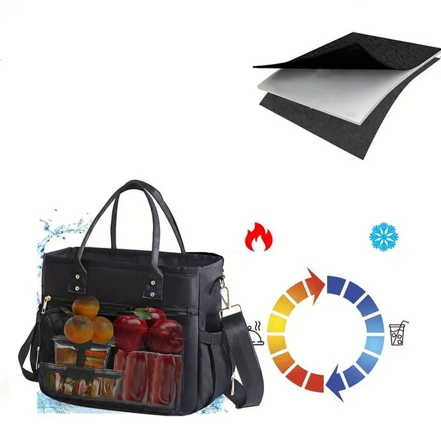 Large cold bag for lunch made of aluminum foil, repeatedly applicable to office, work, school, picnic, beach - waterproof, oilproof, sealing, freezing + adjustable strap