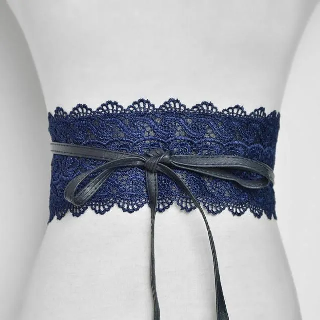 Ladies lace belt with bow navy-blue