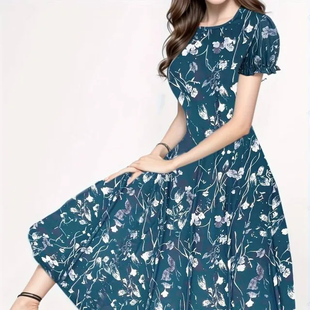 Flower Pattern - Dress with round neckline, Elegant, Short Sleeves (Spring/Summer)