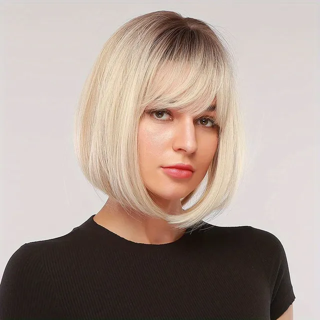 Women's wig: White, short straight bob with bang, natural synthetic fiber, for everyday wear - Hair extension and replacement