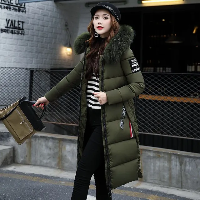 Ladies long winter jacket with pattern and fur - 5 colours