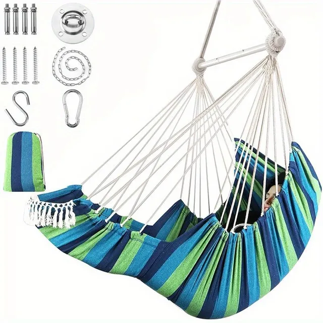 Hammock Chair Hanging Swing Foot Rest Cushions Suspension Included, Collapsible Metal Spreader Bar Pro Durability Easy Saving Soft Cotton Woven fabrics Hanging Chair Side Pocket