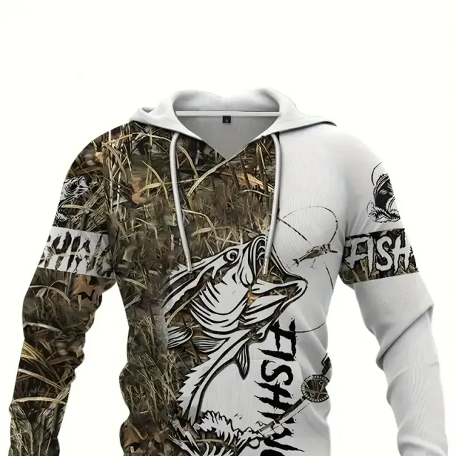 Men's casual sweatshirt with hood and 3D printing of a fishing pattern