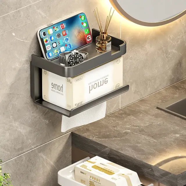 Wall holder of toilet paper with storage space and storage tray for telephone