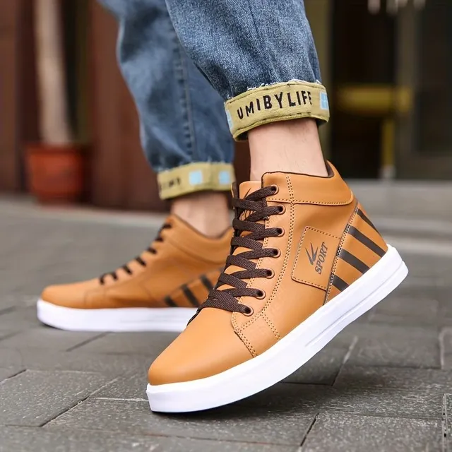 Men's skateboard shoes with high hem, monochrome, comfortable, non-slip, laced, casual, outdoor activities