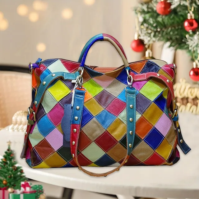 Large capacity plaid bag Color Block, shoulder bag with texture from PU leather, universal bag for commuting for leisure