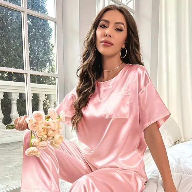 Pyjama en satin pour femme, ensemble à manches courtes et pantalons longs