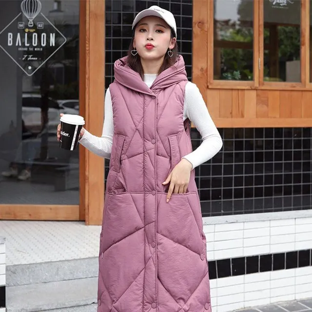 Women's long modern quilted vest with hood