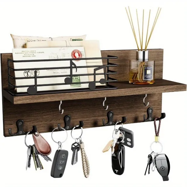 Practical key holder with 7 brown hooks and mail organizer