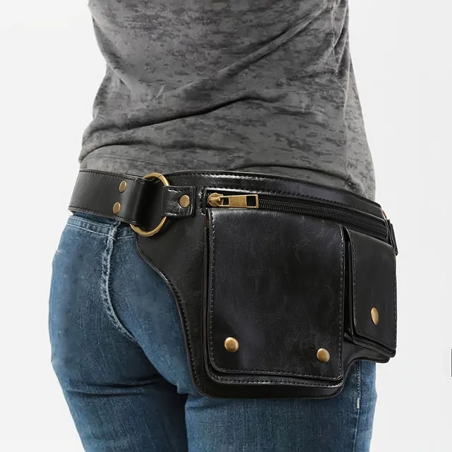 Punk kidney made of vintage PU leather, trendy fanny pack on outdoor and travel