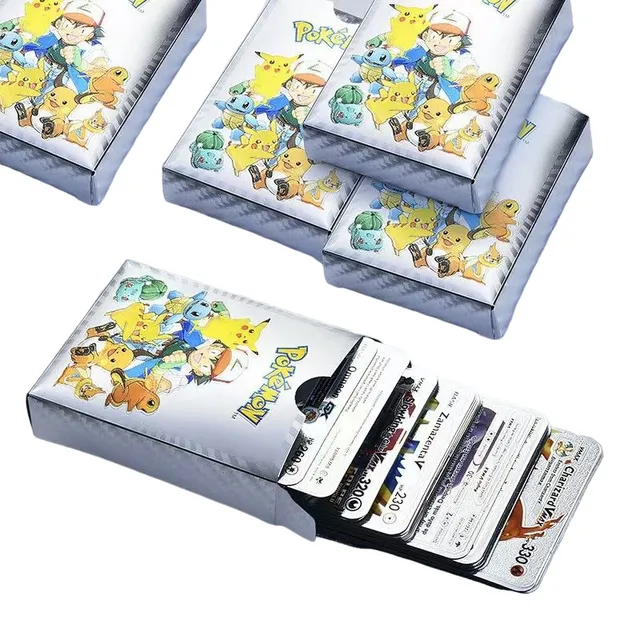 Pachet de cărți Pokémon VMax Cărți Pokémon strălucitoare Cărți de colecție Pokémon Set de cărți de joc, argintie, 55 buc