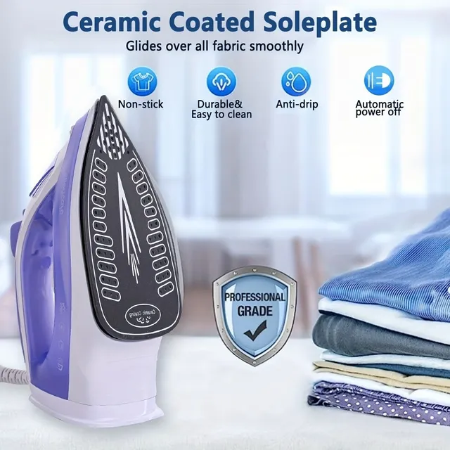 Steam iron 2000 W with non-sticky ironing surface and adjustable thermostat