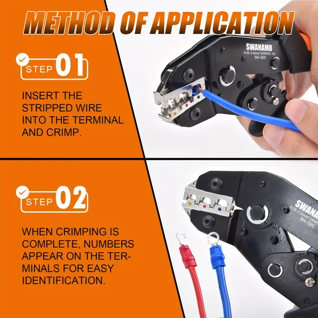 AWG 23-13 cable crimp tool with a set of connectors, tubes, eyes, forks, fast-connectors and pressed cable stitches