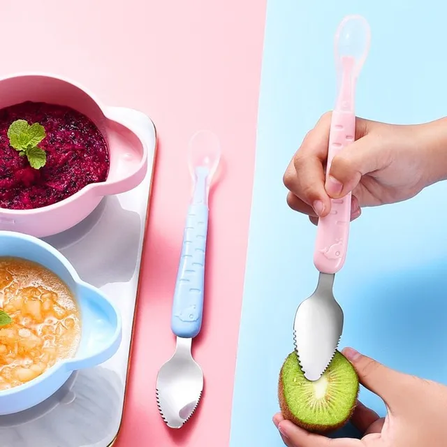 Stainless steel spoon with teeth adapted for scooping out fruit for children Juraj