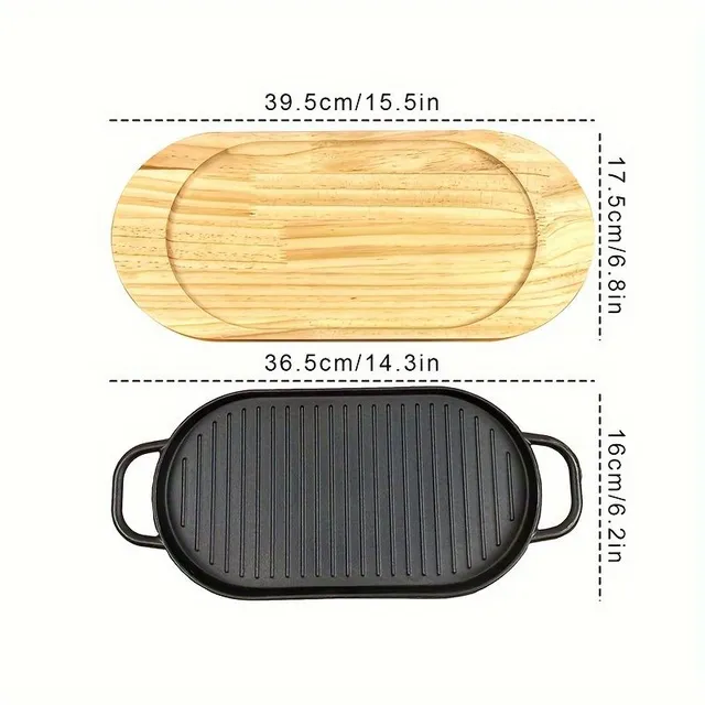 Oval cast iron pan with barbecue grooves, wooden base, suitable for grill, steak, bacon - non-sticky