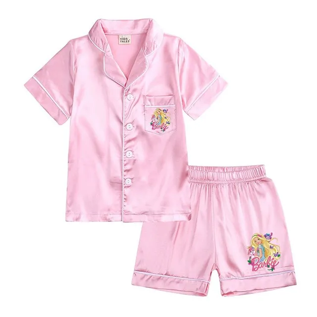 Pijama modernă pentru fete, formată din două piese, din material lucios, cu motivul Barbie