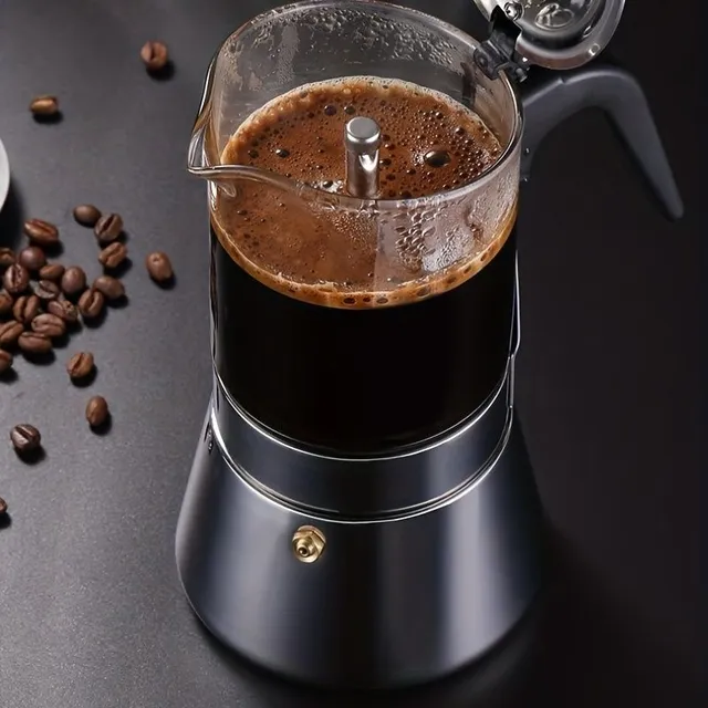 Italská nerezová Moka konvička - 200 ml, průhledné silikonové sklo, ideální pro domácí přípravu kávy, dokonalý dárek