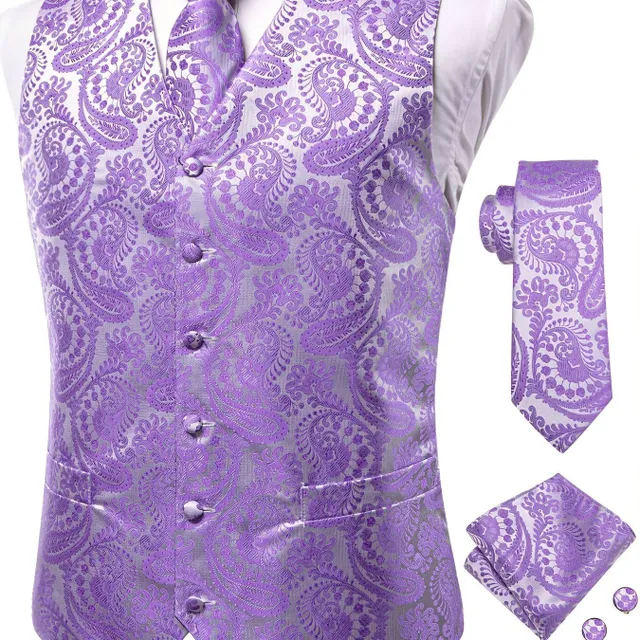 Male vintage sleeveless vest with elegant cut and floral pattern, formal set - vest, tie, cuff links and handkerchiefs