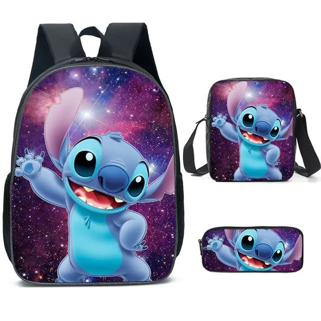 Set pentru copii cu 3 piese școlare cu motivele personajelor animate preferate Lilo și Stitch Rucsac / Geantă peste umăr / Penar