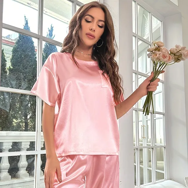 Pyjama en satin pour femme, ensemble à manches courtes et pantalons longs