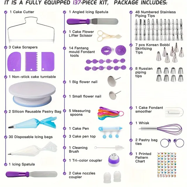 Decoration set for cakes, stainless steel pastry tips, clutches, squeegees and other accessories