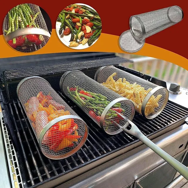 Outdoor cylindrical barbecue basket with stainless steel hook and fork