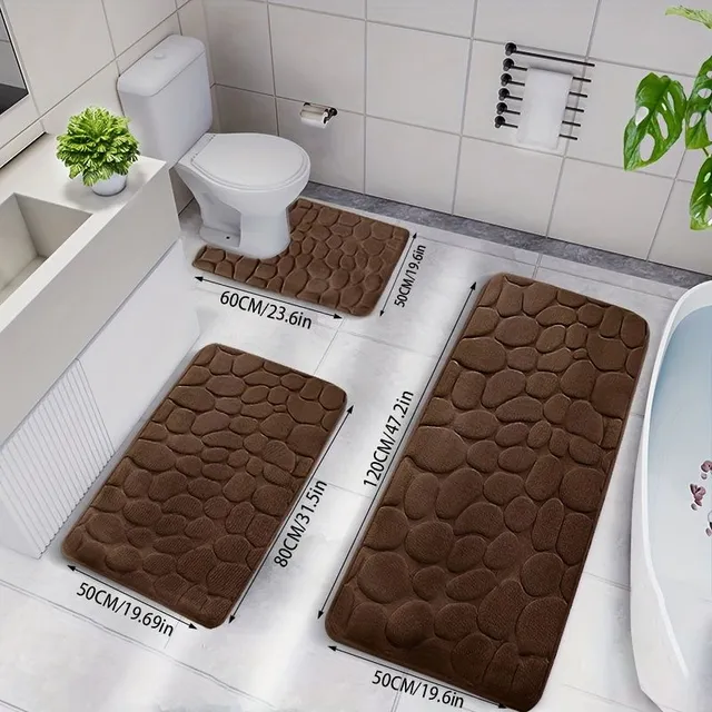 Set of 3 pieces of bathroom mats made of memory foam, anti-slip bath rug, U-shaped toilet mat, soft comfortable shower carpet, bath mat with stone printing monochrome, bathroom decoration, bathroom decoration, kitchen