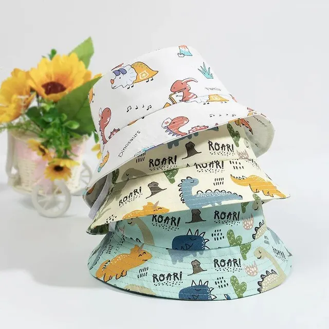 Children's bucket hat with print of cartoon dinosaurs for boys and girls - cute animal fishing hat for infants, summer baby panama hat, sun cap, beret