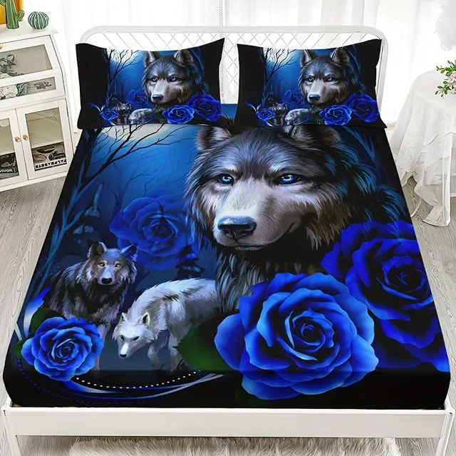 Stylish blue-pink sheets with wolf motifs, soft, breathable bed sheets on the mattress, for bedroom and guest room