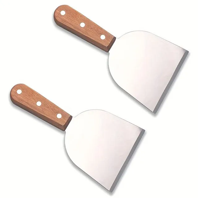 2pc Barbecue scraper for barbecue plate - Stainless steel oblique squeegee with handle made of riveted wood