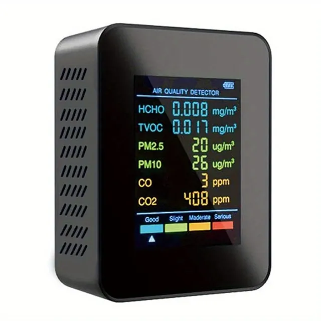 6v1 Detektor Kvality Vzduchu s Měřením CO2, PM2.5, PM10, HCHO, TVOC a Formaldehydu s LCD Displejem a Senzorem na Oxid Uhličitý