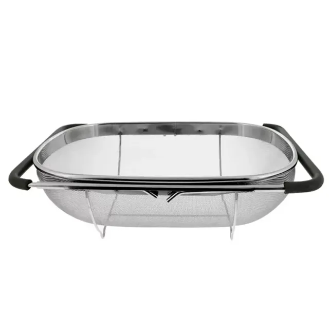 Expandable stainless steel colander into the sink with rubber handle and fine sieve, kitchen utensils