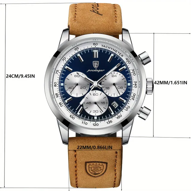 Men's chronograph watch business/free time quartz with luminance, analog, with PU leather strap, with data indicator