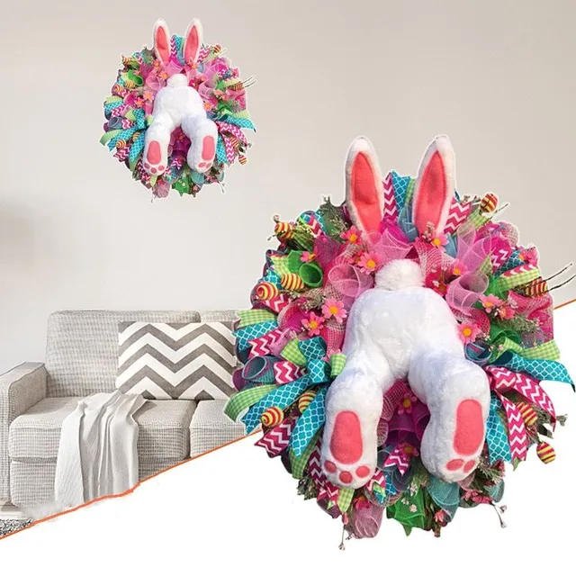 Coroniță colorată de primăvară cu tematică de Paște și iepurașul Leif care își întinde picioarele