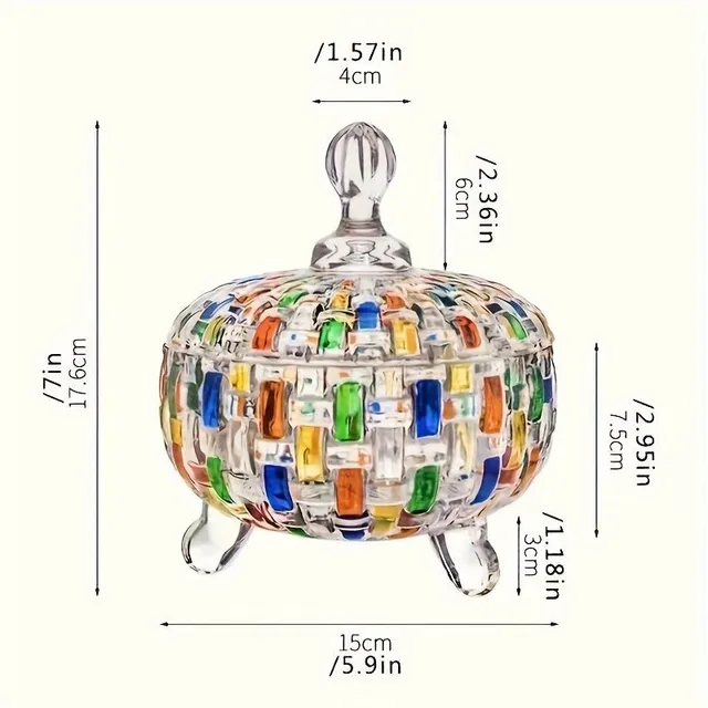 Glass container with lid, plethora pattern, mosaic, decorative candy bowl