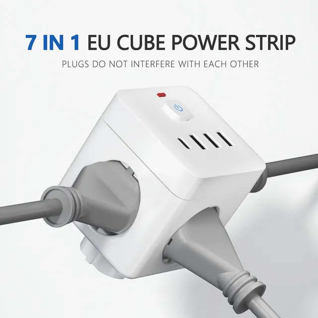 7v1 EU Power bar with overvoltage protection, 3x socket + 3x USB + 1x USB-C, charging station with overload protection