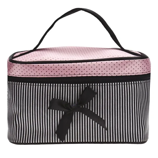 A cosmetic bag with a Rebeck bow