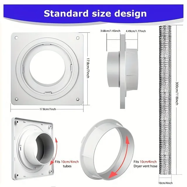 Set of Connector Hose Ventilation Dryers, Wall plate Ventilation Dryers With Hose (10,16 Cm 3,05 Meter), Connector Channel Dryers With Quick Connection and Disconnection, Area Cover 17,78 Cm X 17,78 Cm, Fits 10,16 Cm, Do Bathrooms With Washing Machine