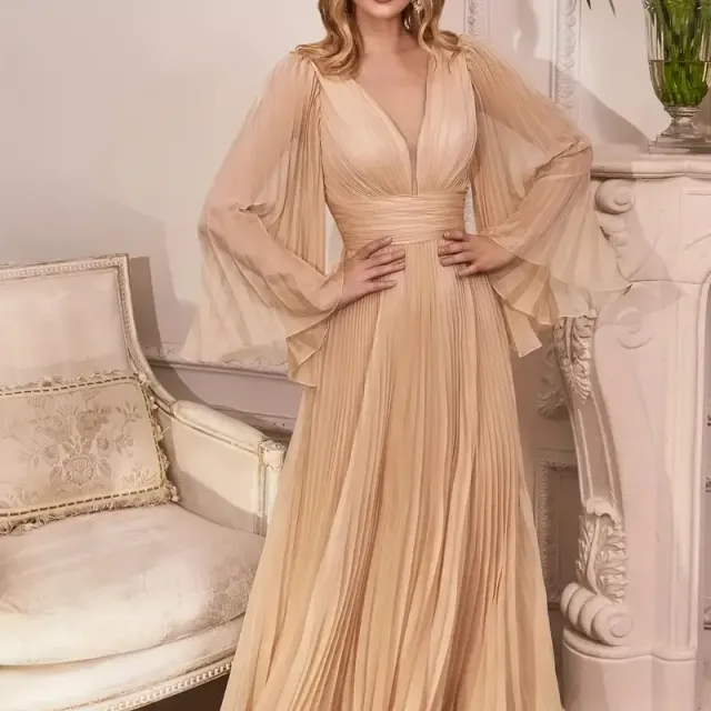 Elegant wedding dress for full-length women with deep V-shaped neckline, bell sleeves and a splashy long skirt